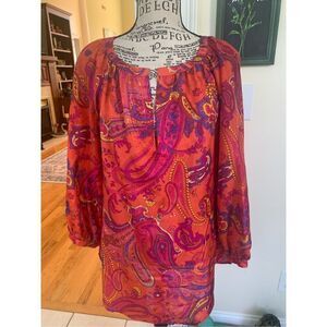 Ralph Lauren Fuchsia Orange Paisley 100% Silk Blouse